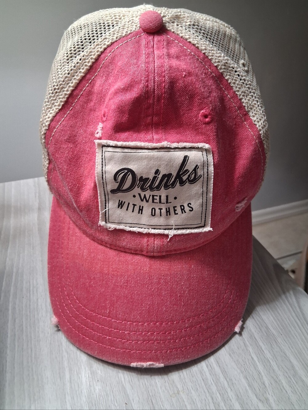 Pink Distressed 'Drinks Well With Others' Mesh Baseball Cap